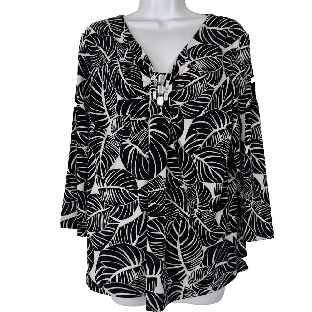 Jones New York Top Women Large Black White Tropical Leaf Print Blouse
